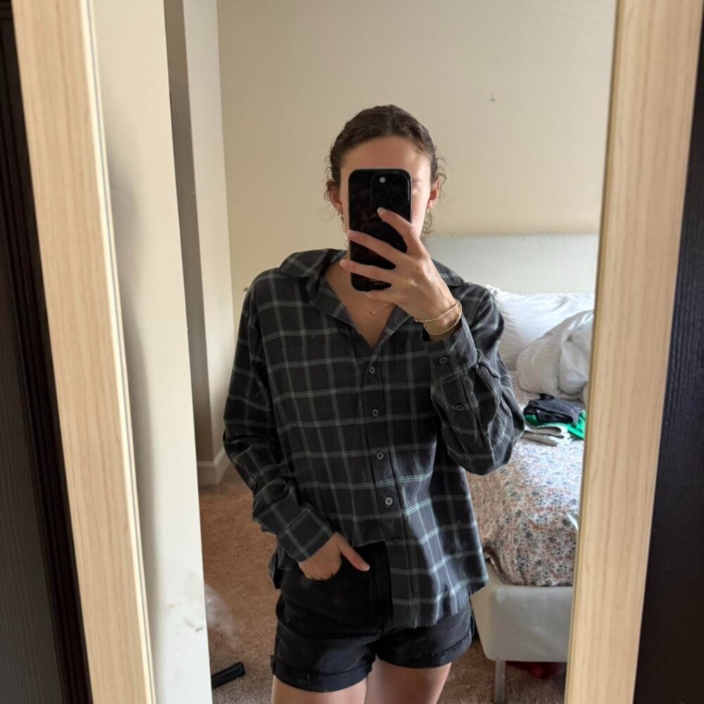 Loft Green and blue plaid button-up flannel